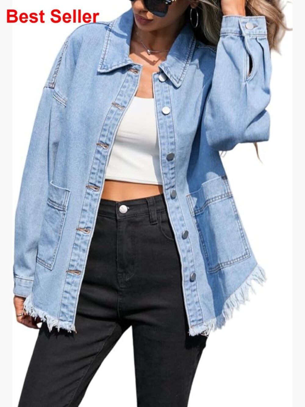 Oversized Denim Shacket Frayed Hem Button Down with Pockets